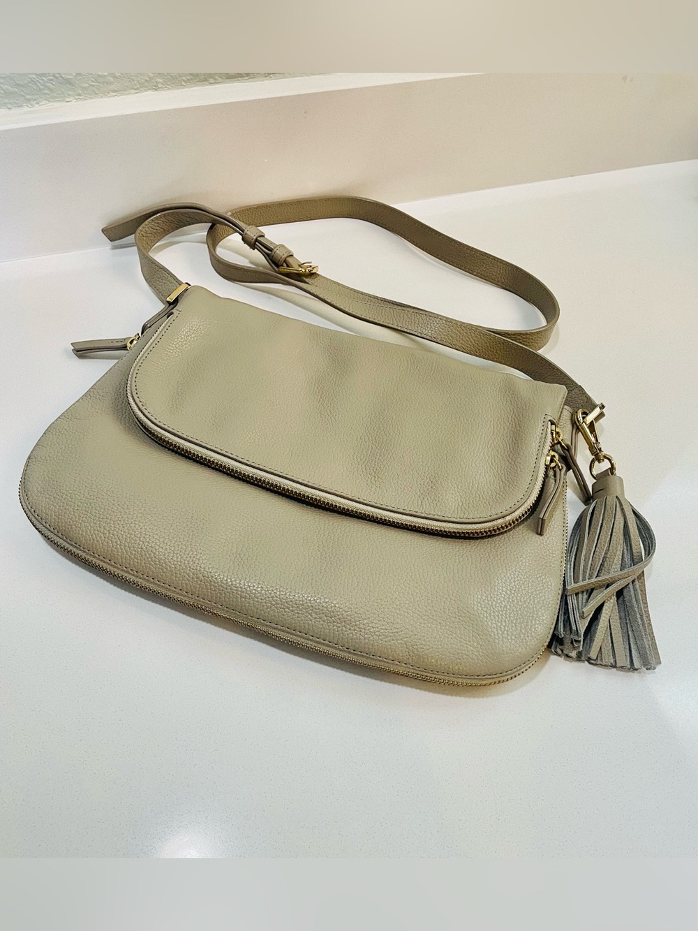 Nordstrom Leather Crossbody Bag in Light Taupe with Tassel